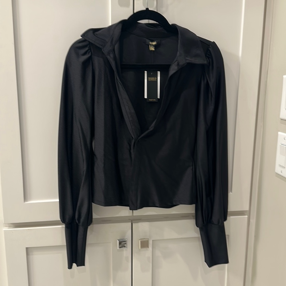 NWT Shiny black shirt, one button open design